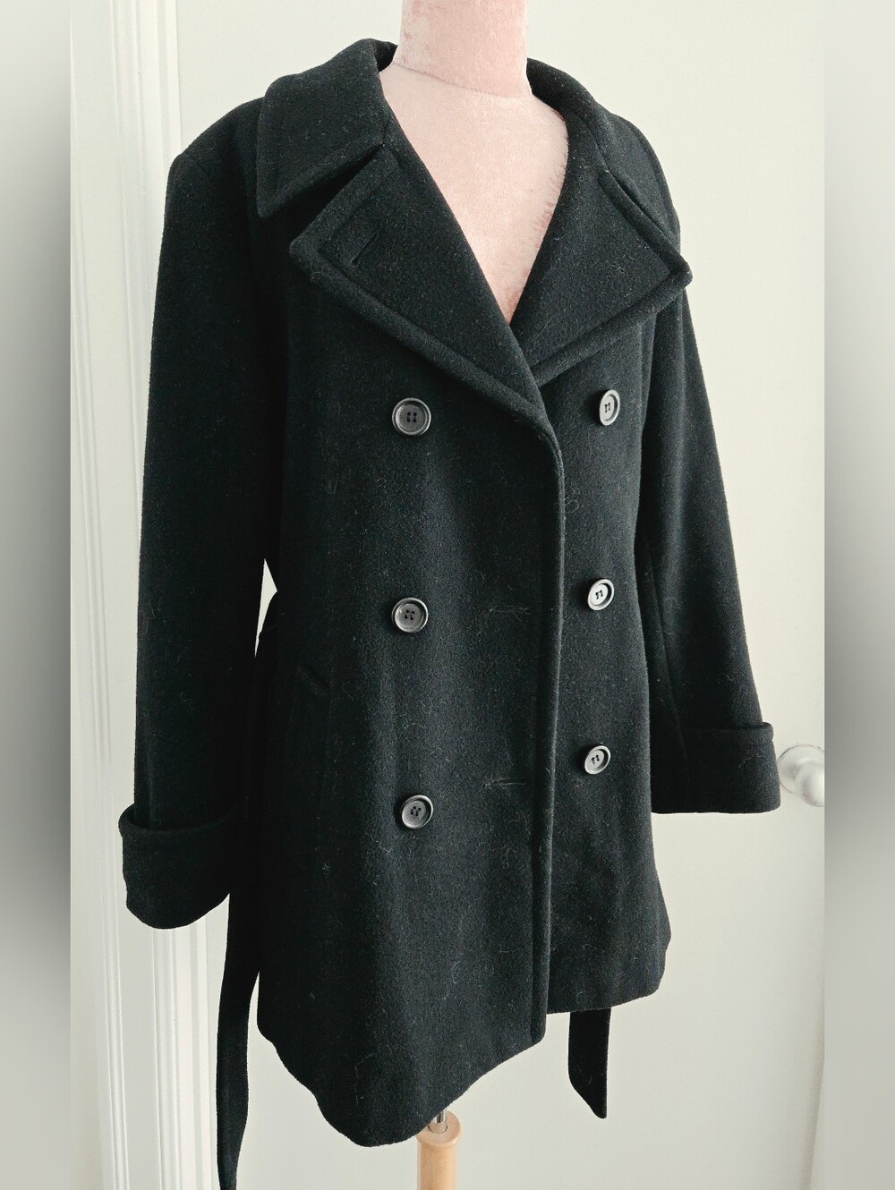 Vintage Mackintosh Wool Black Coat Pea Coat Double Breasted Belted Size XL